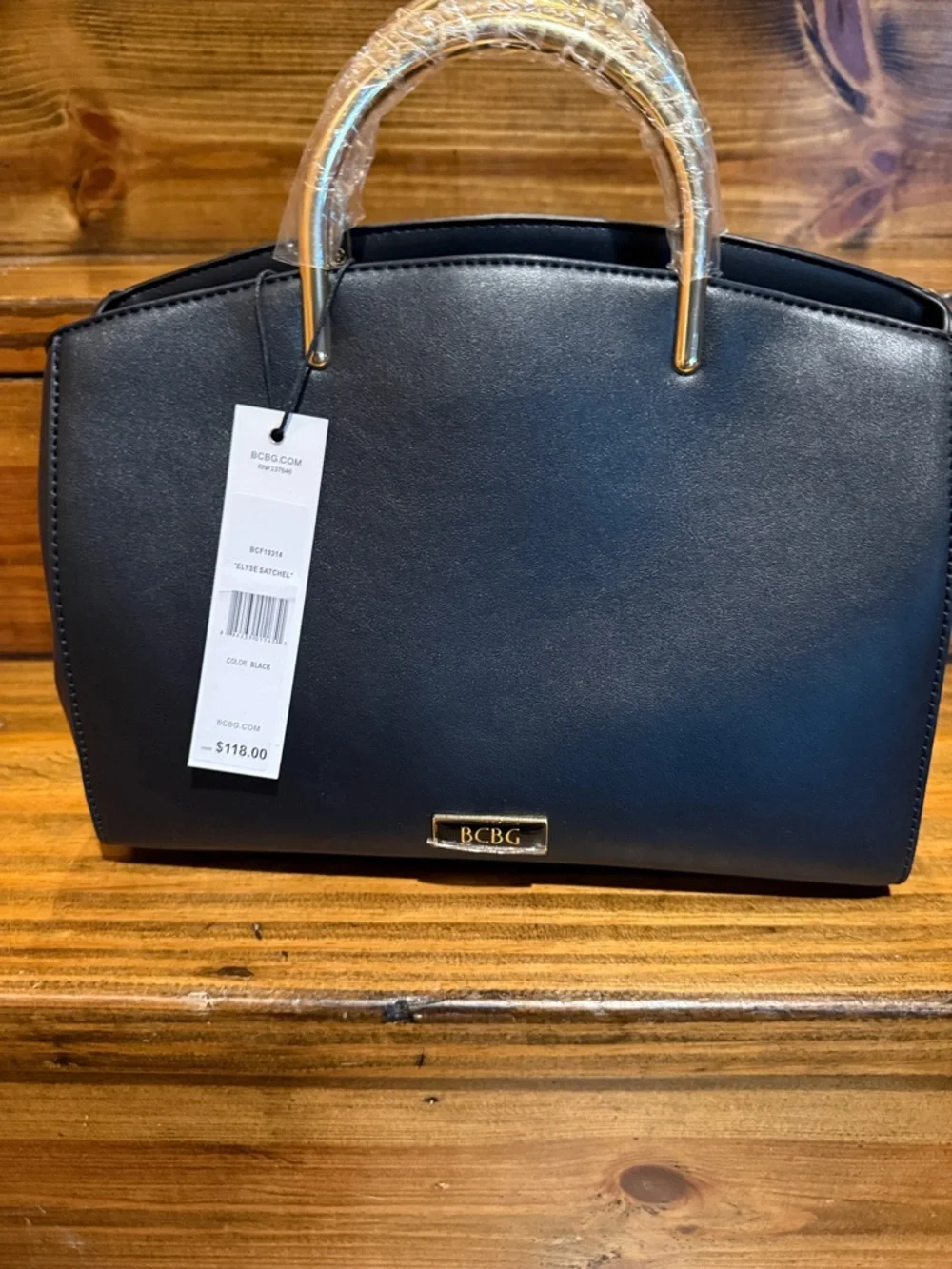 BCBG Black Faux Leather Top-Handle Satchel with Gold Hardware
